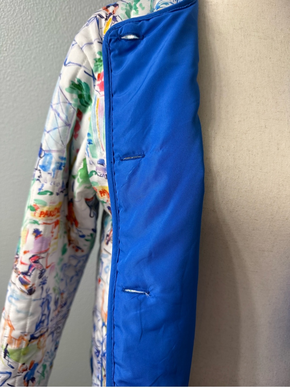 Parisian European Whimsical Print Quilted Jacket Button Front Fully Lined, NWOT - Picture 7 of 10